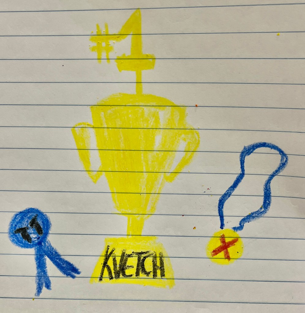 A drawing of a blue ribbon, a trophy, and a medal, all dedicated to being good at complaining.