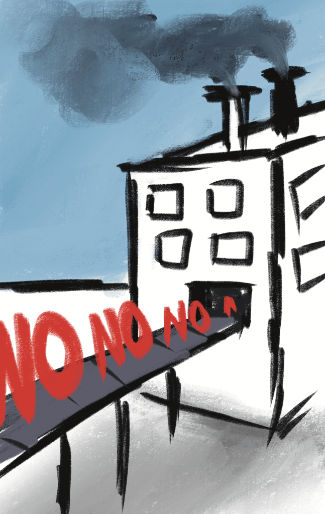 A factory pumping out the word "NO" over and over again on a conveyor belt.