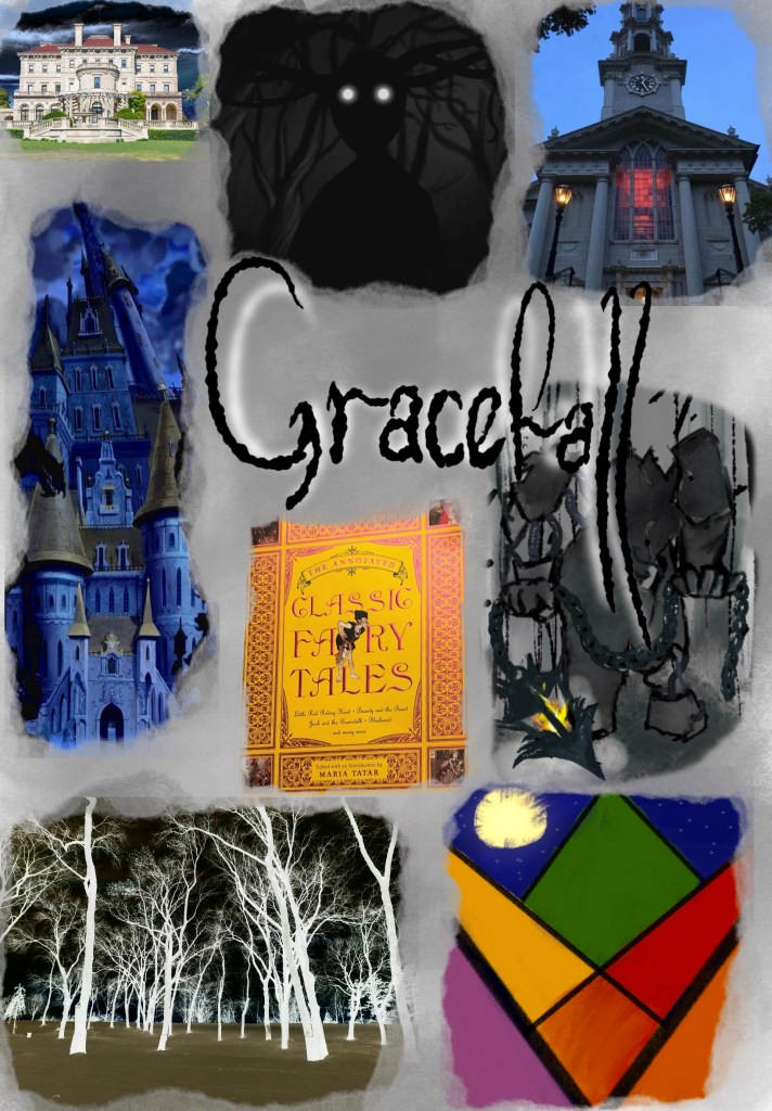 A moodboard with text in the middle that reads Gracefall in a calligraphic font. The surrounding images, on a gray, foggy background, are forests, mansions, and ominous looking creatures that fit a spooky, somewhat American gothic theme.